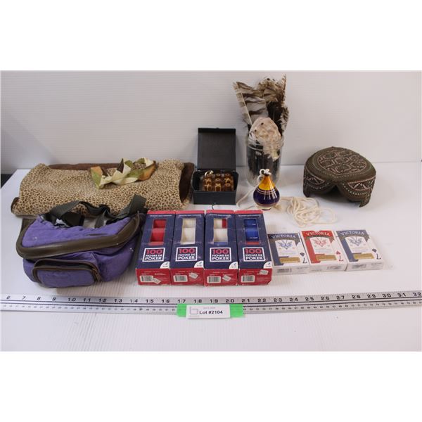 Lot: Tic Tac Toe Board, (4) Poker Chips, (3) Victoria Playing Cards, (2) Bags, Feathers, Misc.