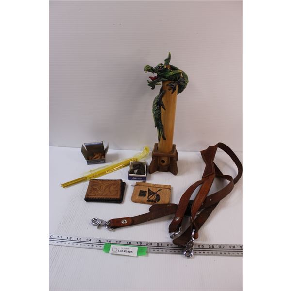 Lot: Dragon Incense Burner (some damage as pictured) & Incense, (2) Wallets, Leather Suspenders (Mis