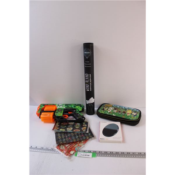 Lot: X-Shot Toy Gun, Animal Crossing Nintendo Switch Carrier, Scratch Off World Map, Wireless Chargi