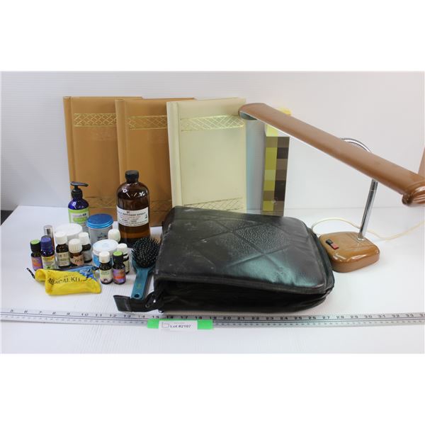 Lot: Vintage Desk Lamp (Works), Cd Binder w/CD, (3) Photo Albums, Essential Oils (as is), & Brush, M