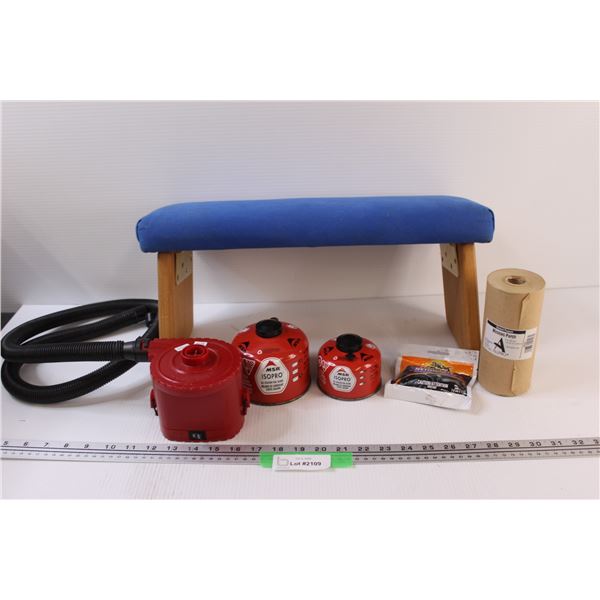Lot: (2) MSR All Season Fuel Blend Tanks, Meditation Bench (Folding), Masking Papers, Battery Powere