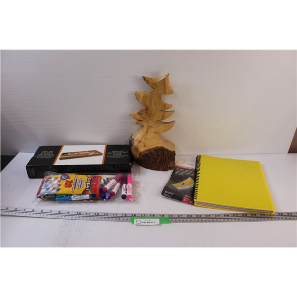 Lot: Tree Carved out of Tree, Desktop Shuffleboard, Markers, Notebook, Business card Laminates