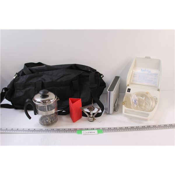 Lot: French Press, Nebulizer (as is), Portable Cooking, IOmega, Dufflebag