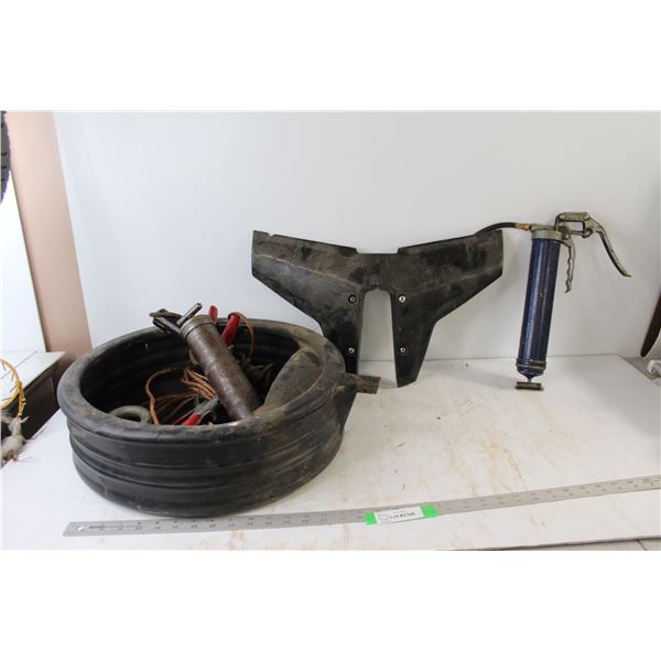 (2) Grease Guns, Oil Pan, Boat Part, Assorted Automotive Tools