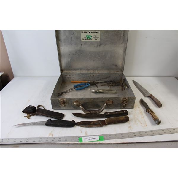 (5) Knives, (2) Pliers, Nails, Toolbox