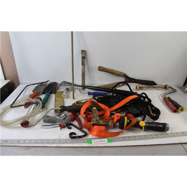 Pulleys, (4) Paint Rollers, Hedge Trimmers, (2) Garden Shovels, Rake, Assorted Gardening Equipment a