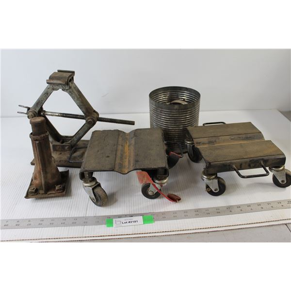 Hose Clamps, (2) Car Jacks, (2) Dolly/Rollers