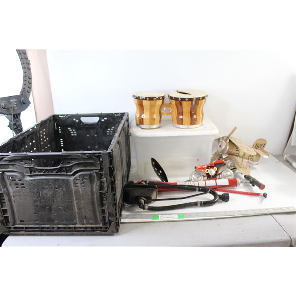 Black Crate, Bongos - One with a big crack, Ice Fishing Scoop, Plane and Bike Made out Of Cans, Pump