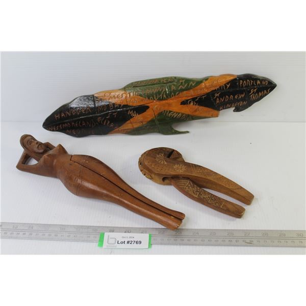 Carved Map of Jamaica - (2) Carved Wooden Nut Crackers