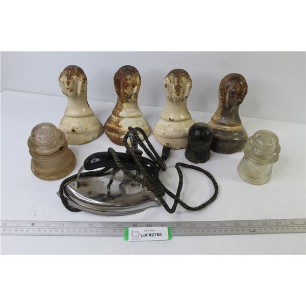 (4) Cast Iron Tub Legs - - (3) Glass Insulators - Vintage Iron