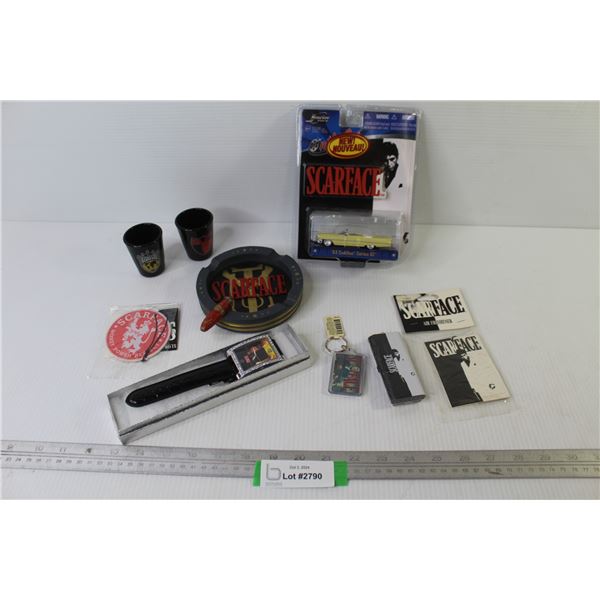 Scarface Collectable Items - Ashtray - Diecast 63 Cadillac - Ceramic - Shot Glasses - Watch (not run