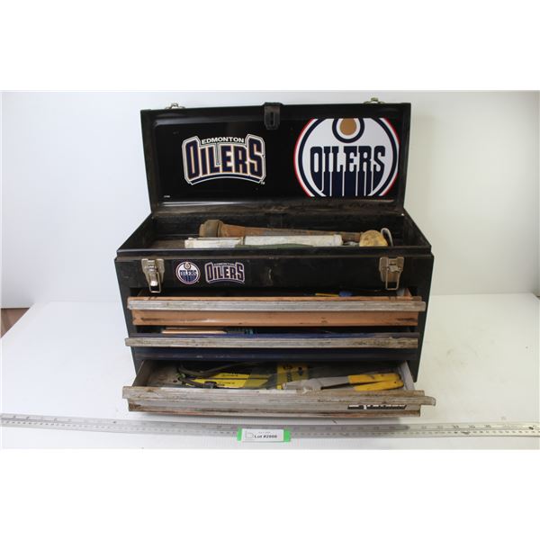 Three Drawered Metal Tool Box w/Contents - Small Hand Tools - Riveter - Rubber Mallet - Chisels