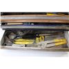 Image 3 : Three Drawered Metal Tool Box w/Contents - Small Hand Tools - Riveter - Rubber Mallet - Chisels