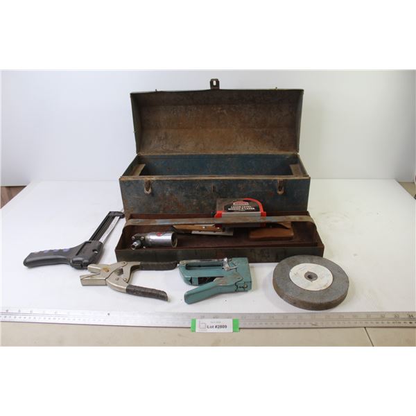 Metal Tool Box w/Contents - Small Hand Tools - Grinding Wheel - Stapler - Hack Saws - Laser Level