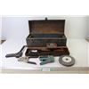 Image 1 : Metal Tool Box w/Contents - Small Hand Tools - Grinding Wheel - Stapler - Hack Saws - Laser Level