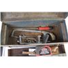 Image 5 : Metal Tool Box w/Contents - Small Hand Tools - Grinding Wheel - Stapler - Hack Saws - Laser Level