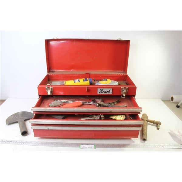 Metal Beach Tool Box w/Contents - Small Hand Tools - Chalk & String Snap Line - Wooden Keg Tap