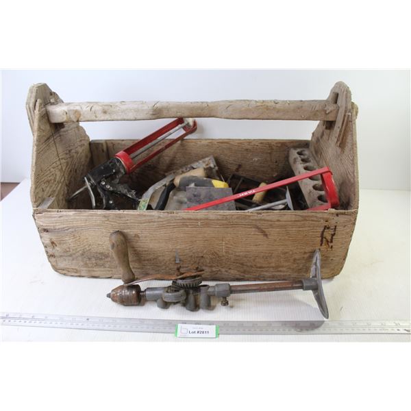 *Wooden Tool Box w/Contents - Vintage Breast Drill - Chalking Guns - Cement Edge Trowels - Corner Mu