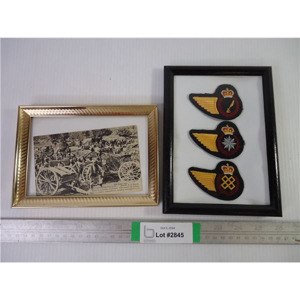 (2) Framed Items-French Postcard from of Artillery from the Battle of the Somme and 3 Trades Patches