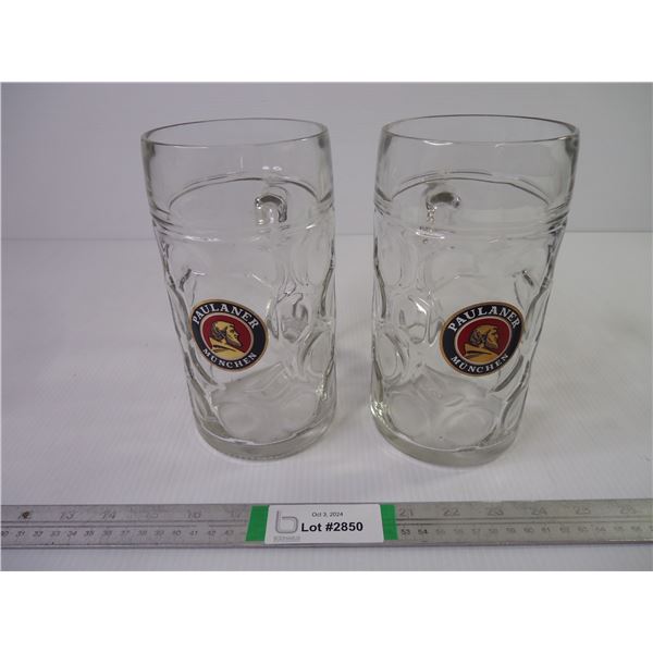 (2) Large One Litre Beer Mugs "Paulaner Munchen" -Paulaner Brewery, Munich Germany