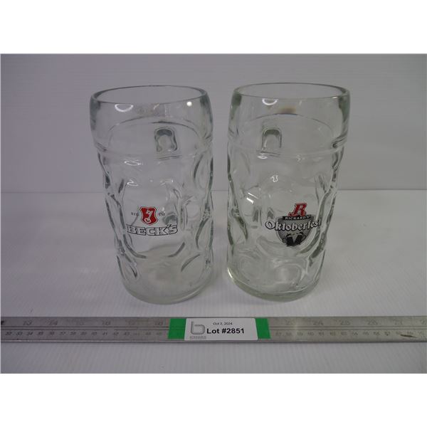 (2) Large One Litre Beer Mugs-"Becks" and "Rickard's" Beers
