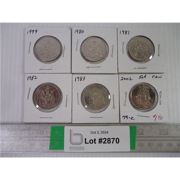 (6) Canadian 50 Cent Coins-1979,80,81,82,83 and 2002