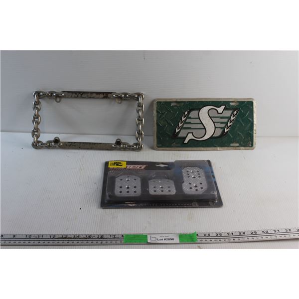 Racing Pedal Pad Set, Car Plate Chain Frame and Roughriders Car Plate