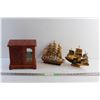 Image 1 : Wooden Jewelry Drawer and (2) Handmade Decorative Ships