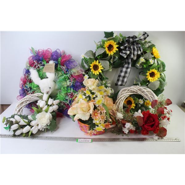 (3) Flowered Wreaths - Easter Wreath - Bunny Basket