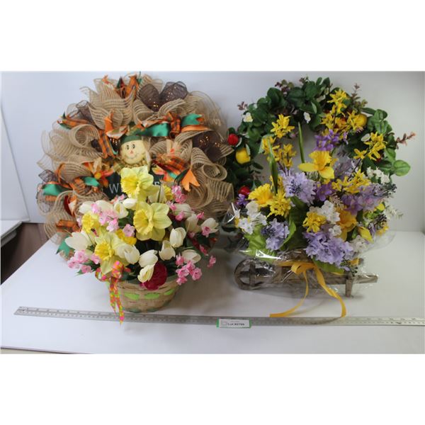 (2) Wreaths - Flowered Basket - Flowered Wheel Barrow