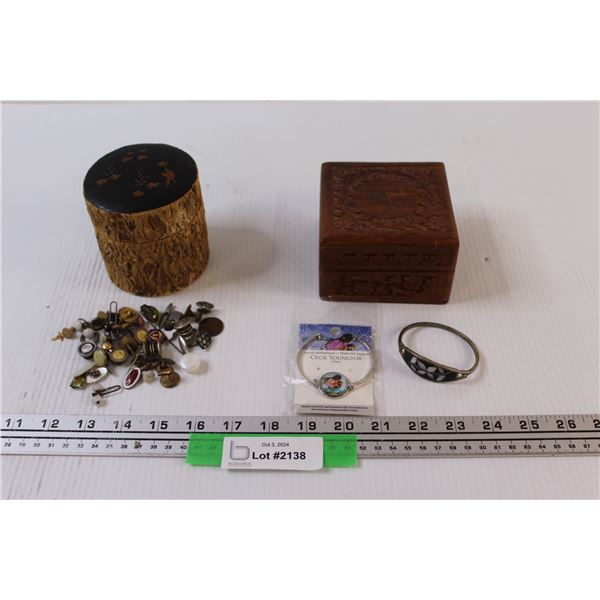 (2) Wood Cases w/ Contents (Cecil Youngfox Bracelet, Vintage Clip-on Earrings, Buttons, Misc.)