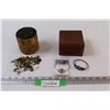 Image 1 : (2) Wood Cases w/ Contents (Cecil Youngfox Bracelet, Vintage Clip-on Earrings, Buttons, Misc.)