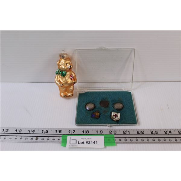 Lot: 1920's School Buttons, Red Cross Button in Case & Teddy Bear Glass Christmas Tree Ornament