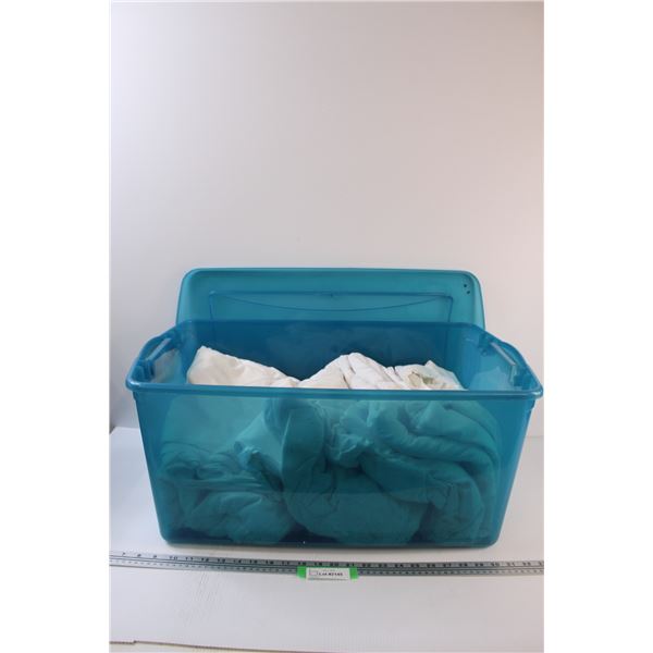 (7) White Flat Sheets in Blue Tote w/Lid - Assorted Sheets Sizes