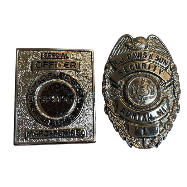 Lot of 2 City of Boston Special Officer and RJ Davis & Son Adrian Michigan Security Badge Lot