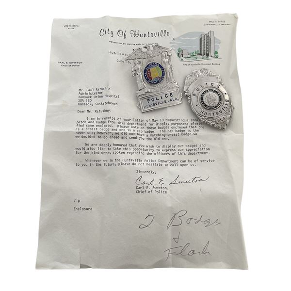 Huntsville Alabama Police Badge Lot with Letter from Chief of Police
