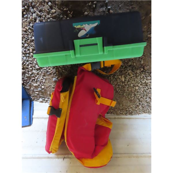youth life jacket, tackle box