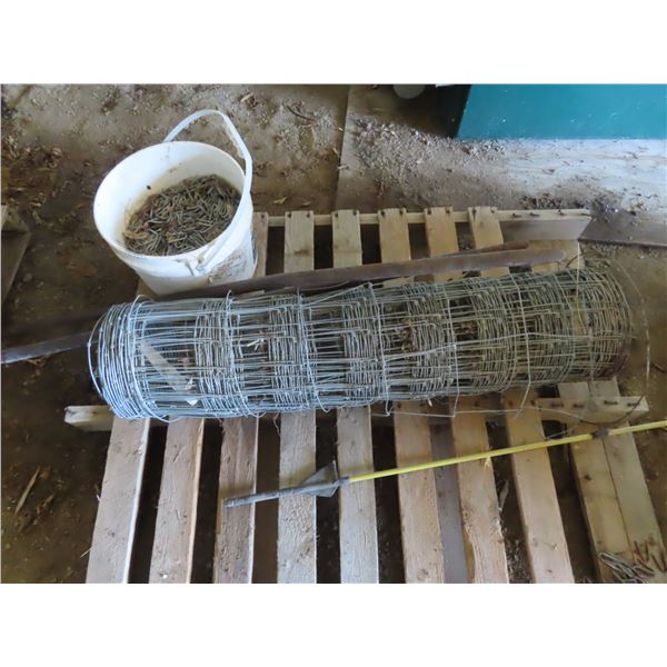 4"x4" livestock fence and pail of fencing nails