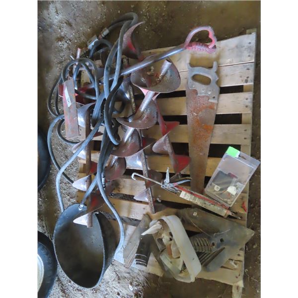 pallet of augers, cultivator shovels and hyrdaulic hoses