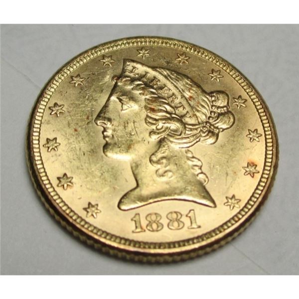 1881 P $5 FIVE Gold Liberty Half Eagle