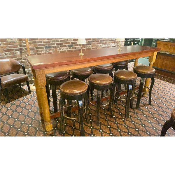 WOODEN 92"W X 21"D X 42 1/2"H BAR TABLE WITH 8 DARK WOOD BROWN LEATHER TOP STUDDED BAR STOOLS & 2