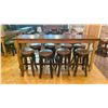 Image 2 : WOODEN 92"W X 21"D X 42 1/2"H BAR TABLE WITH 8 DARK WOOD BROWN LEATHER TOP STUDDED BAR STOOLS & 2