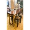 Image 2 : WOODEN 92"W X 21"D X 42 1/2"H BAR TABLE WITH 8 DARK WOOD BROWN LEATHER TOP STUDDED BAR STOOLS & 2