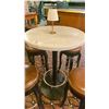 Image 2 : 30" ROUND X 43"H MARBLE TOP BAR TABLE WITH 4 DARK WOOD BROWN LEATHER TOP STUDDED BAR STOOLS &