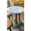 Image 2 : 30" ROUND X 43"H MARBLE TOP BAR TABLE WITH 4 DARK WOOD BROWN LEATHER TOP STUDDED BAR STOOLS &