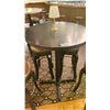 Image 2 : 30" ROUND X 43"H WOOD TOP BAR TABLE WITH 4 DARK WOOD BROWN LEATHER TOP STUDDED BAR STOOLS &