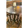 Image 2 : 30" ROUND X 43"H WOOD TOP BAR TABLE WITH 4 DARK WOOD BROWN LEATHER TOP STUDDED BAR STOOLS &