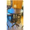 Image 2 : 30" ROUND X 43"H WOOD TOP BAR TABLE WITH 4 DARK WOOD BROWN LEATHER TOP STUDDED BAR STOOLS &