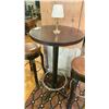 Image 2 : 24" ROUND X 43"H WOOD TOP BAR TABLE WITH 2 DARK WOOD BROWN LEATHER TOP STUDDED BAR STOOLS &