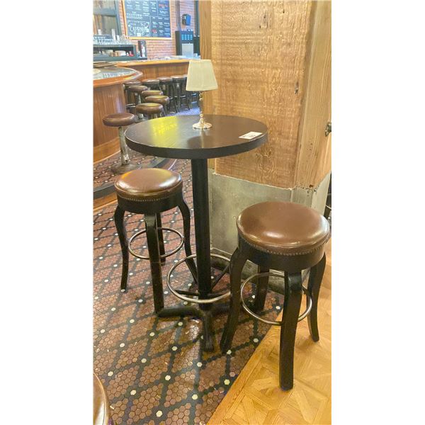 24" ROUND X 43"H WOOD TOP BAR TABLE WITH 2 DARK WOOD BROWN LEATHER TOP STUDDED BAR STOOLS &